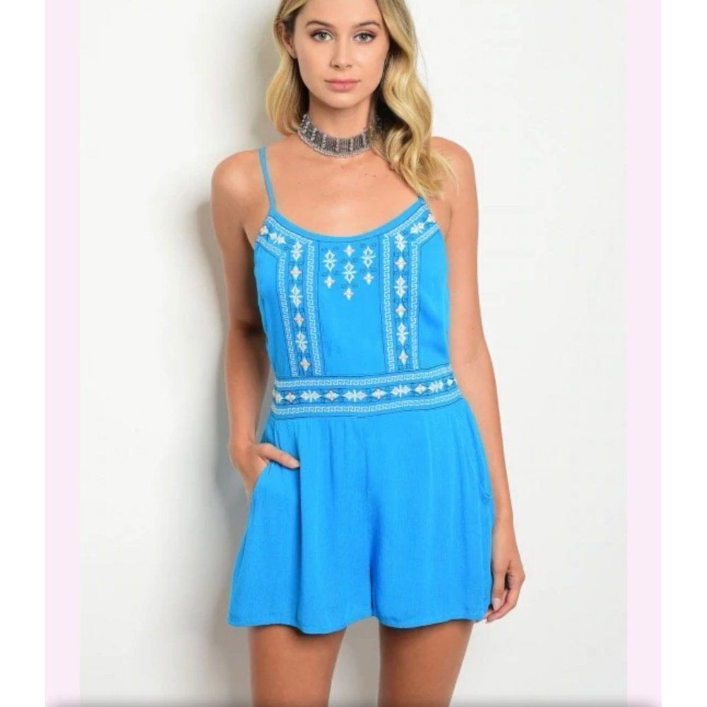 ILLA ILLA Turquoise Spaghetti Strap Floral Embroidered Romper Sz S